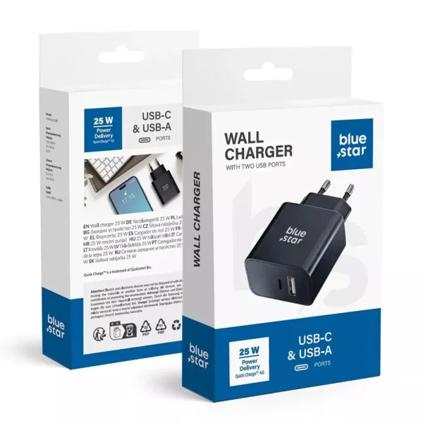 Зарядно 220V Blue Star, USB C и USB A, 3A ,25W, PD и QC 4.0 function, Черен 2