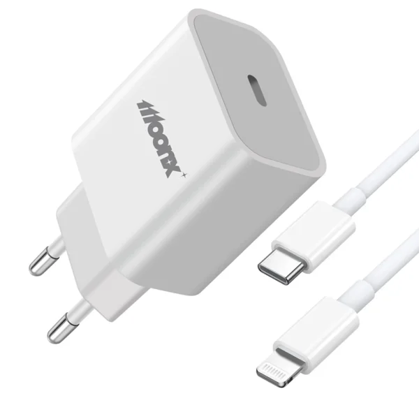 Wall Charger 220V MOONX MC03, PD, 20W, 1xUSB-C, with USB-C to Lightning cable, White 1