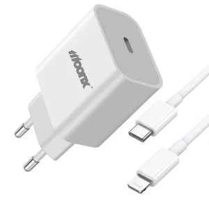 Зарядно 220V MOONX MC03, PD, 20W, 1xUSB-C, с кабел USB-C към Lightning, Бял