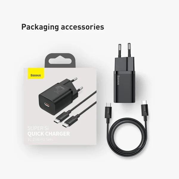 Зарядно BASEUS Super Si, 220V, 25W, 1C, с кабел от USB-C към USB-C, TZCCSUP-L01, Черен 5