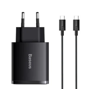 Зарядно BASEUS Super Si, 220V, 25W, 1C, с кабел от USB-C към USB-C, TZCCSUP-L01, Черен