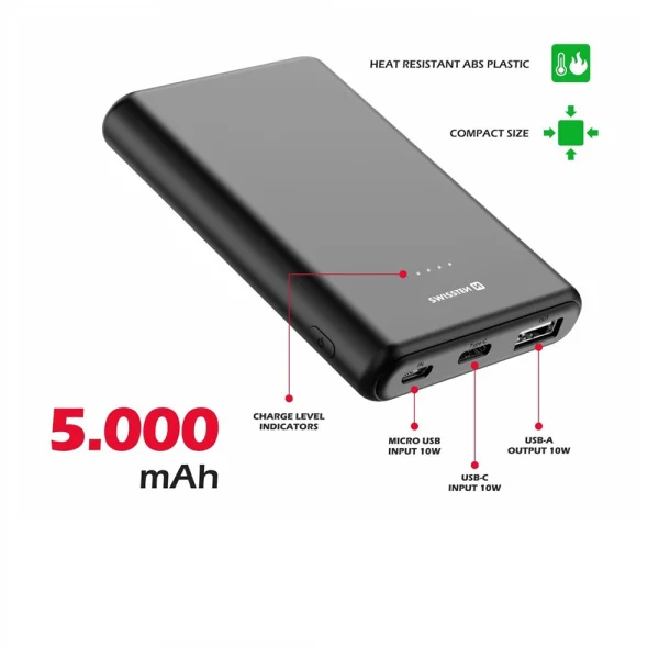 Външна батерия SWISSTEN Power Line 5000 mAh, 10W, Черен 2