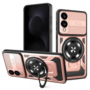 Удароустойчив калъф Magnetic Rotating Kickstand за Samsung Galaxy S25 Edge, Розов-златист