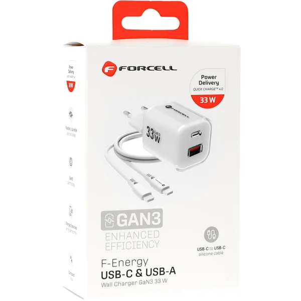 Мрежово зарядно Forcell F-ENERGY PD QC4.0 33W  GaN III VT-41, кабел 1 x USB-C, 1x USB-A, Бял 3