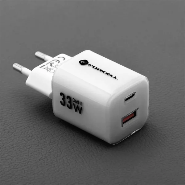 Мрежово зарядно Forcell F-ENERGY PD QC4.0 33W  GaN III VT-41, кабел 1 x USB-C, 1x USB-A, Бял 2