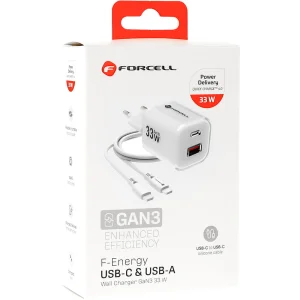 Мрежово зарядно Forcell F-ENERGY PD QC4.0 33W  GaN III VT-41, кабел 1 x USB-C, 1x USB-A, Бял 3