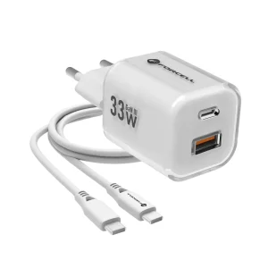 Мрежово зарядно Forcell F-ENERGY PD QC4.0 33W  GaN III VT-41, кабел 1 x USB-C, 1x USB-A, Бял