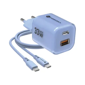 Мрежово зарядно Forcell F-ENERGY PD QC4.0 33W GaN III VT-41, кабел 1 x USB-C, 1x USB-A, Син