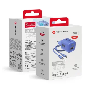 Мрежово зарядно Forcell F-ENERGY PD QC4.0 33W GaN III VT-41, кабел 1 x USB-C, 1x USB-A, Син 3
