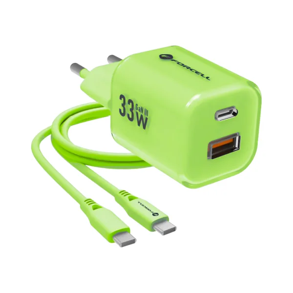 Мрежово зарядно Forcell F-ENERGY PD QC4.0 33W GaN III VT-41, кабел 1 x USB-C, 1x USB-A, Зелен 1