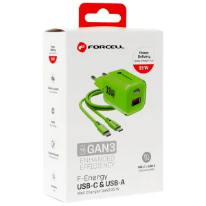 Мрежово зарядно Forcell F-ENERGY PD QC4.0 33W GaN III VT-41, кабел 1 x USB-C, 1x USB-A, Зелен 3