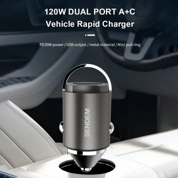 Car charger 12V Sandem D16, USB-A, USB-C, 120W, Gray 3