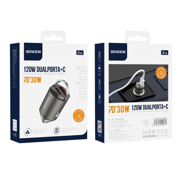 Car charger 12V Sandem D16, USB-A, USB-C, 120W, Gray 4