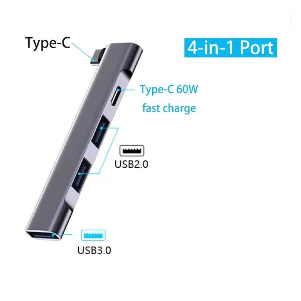 Преходник Techsuit Docking Station ZenithDock H12, 4 in 1,USB-C, 2x USB 2.0, 1x USB 3.0, 1x  USB-C, 60W, сив 2