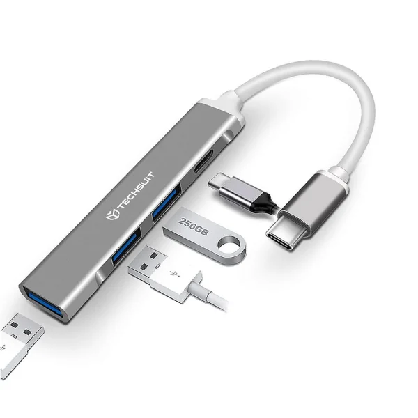 Преходник Techsuit Docking Station PolarisBridge H18, 4 in 1,USB-C, USB 3.0, 2x USB 2.0, 1x USB-C, бял и сив 2