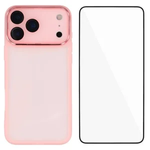 Силиконов калъф със стъклен протектор Wanlonfeng Dksm за iPhone 17 Pro, Розов