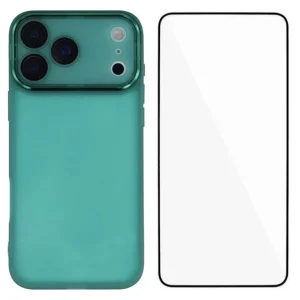 Силиконов калъф със стъклен протектор Wanlonfeng Dksm за iPhone 17 Pro, Зелен
