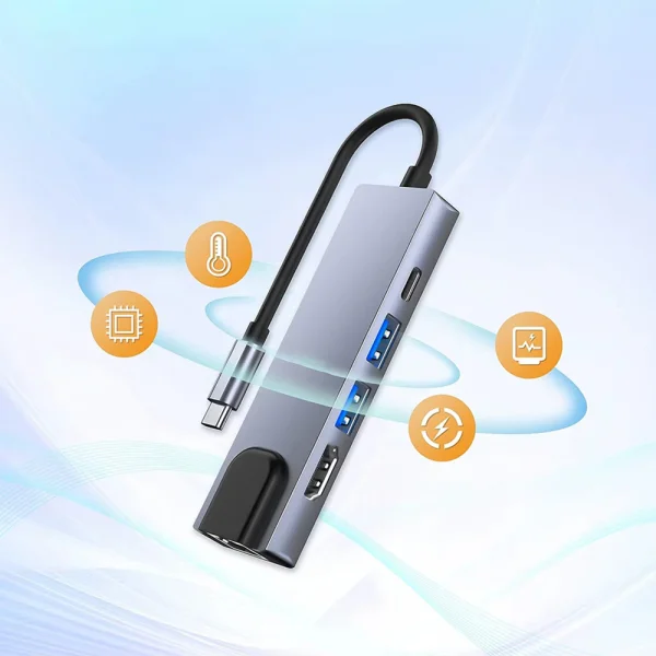 Хъб Techsuit NetBridge H1, Docking Station,5 в 1, Type-C, 1x USB2.0, 1x USB3.0, 1x Type-C, 1x HDMI, 1x RJ45, PD 87W, сив 3