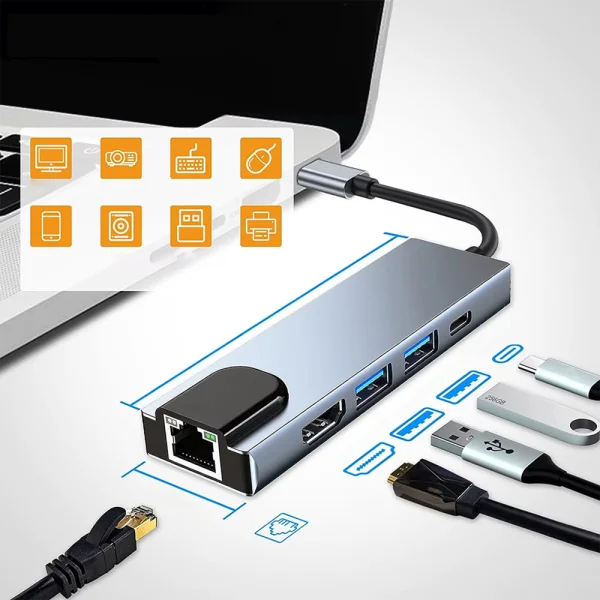 Хъб Techsuit NetBridge H1, Docking Station,5 в 1, Type-C, 1x USB2.0, 1x USB3.0, 1x Type-C, 1x HDMI, 1x RJ45, PD 87W, сив 2