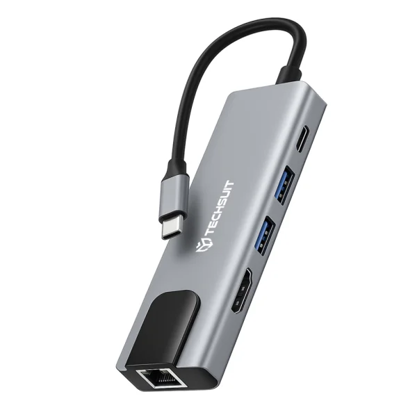 Хъб Techsuit NetBridge H1, Docking Station,5 в 1, Type-C, 1x USB2.0, 1x USB3.0, 1x Type-C, 1x HDMI, 1x RJ45, PD 87W, сив 1