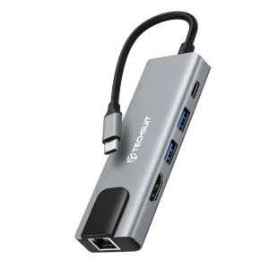 Хъб Techsuit NetBridge H1, Docking Station,5 в 1, Type-C, 1x USB2.0, 1x USB3.0, 1x Type-C, 1x HDMI, 1x RJ45, PD 87W, сив