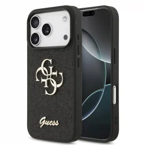 Калъф GUESS, PU Fixed Glitter 4G Metal Logo за iPhone 18 Pro, черен