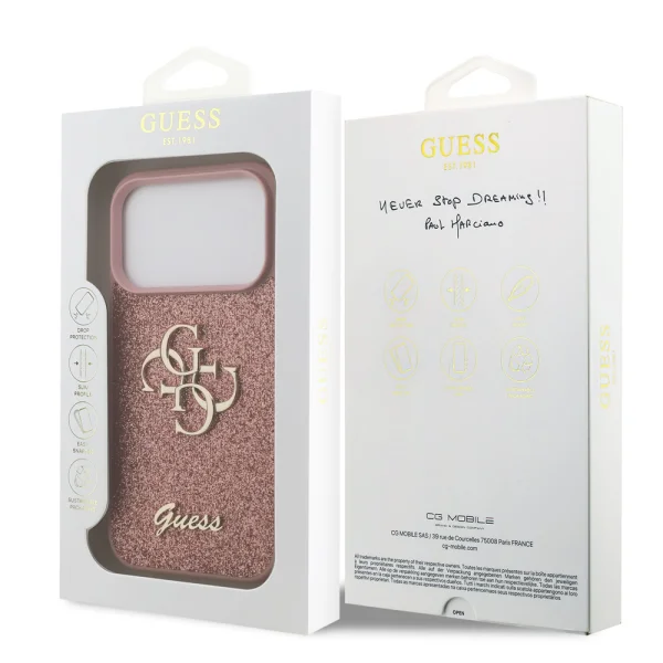 Калъф GUESS, PU Fixed Glitter 4G Metal Logo за iPhone 18 Pro, розов 5
