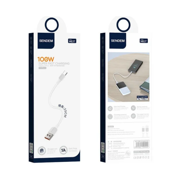 Кабел Sendem M63T USB към USB-C, Short, 25cm, 100W, Бял 3