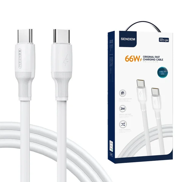 Кабел Sendem M77, USB - C към USB - C, 2m, 66W, Бял 2