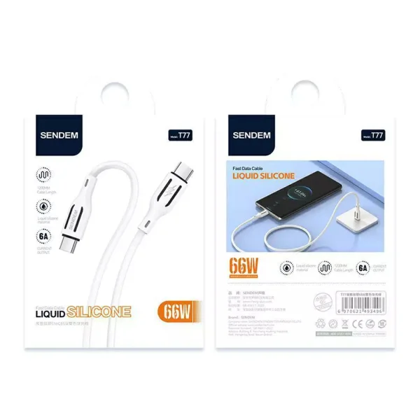 Cable Sendem T77, USB - C to USB - C, 1.2m, 66W, White 3