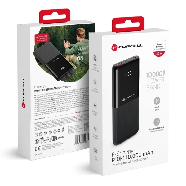Външна батерия Forcell F-Energy, P10k1, PD, QC3.0, 3A, 20W, 10000 mAh, черен 5