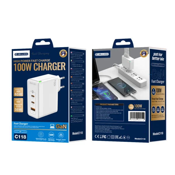 Зарядно Jellico C118 220V GaN 100W PD 2xUSB-C, бял 5