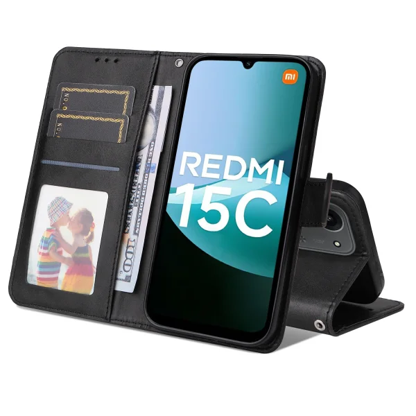 Калъф Тефтер Leather Wallet Stand за Xiaomi Redmi 15C, Черен 2