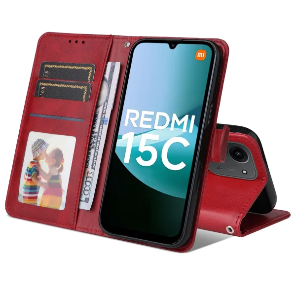 Калъф Тефтер Leather Wallet Stand за Xiaomi Redmi 15C, червен 2