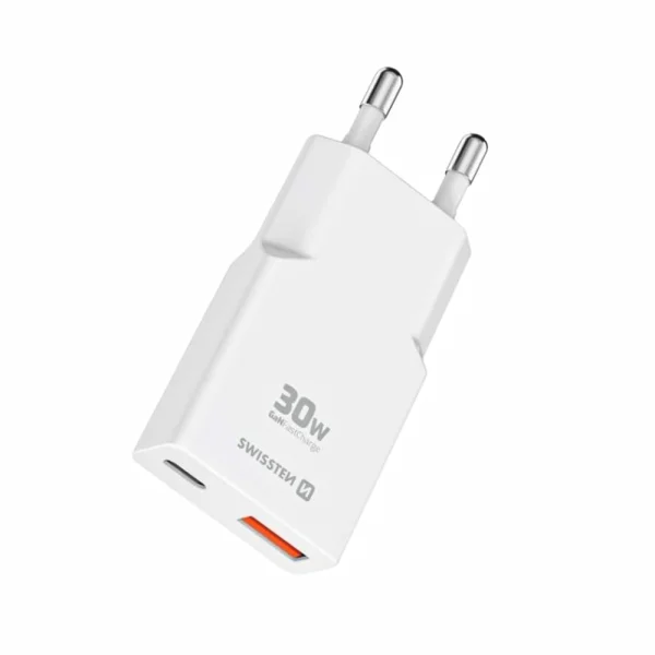 Мрежвово зарядно Swissten Slim  GaN USB-C, USB-A, 30W, бял 1