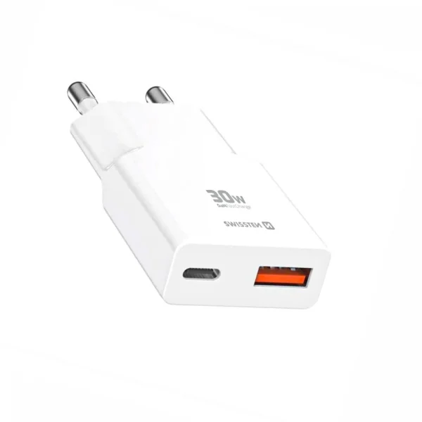 Мрежвово зарядно Swissten Slim  GaN USB-C, USB-A, 30W, бял 2