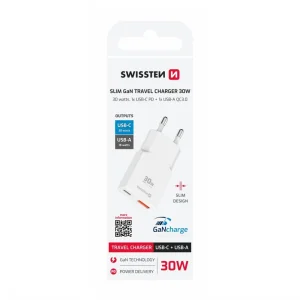 Мрежвово зарядно Swissten Slim  GaN USB-C, USB-A, 30W, бял 3