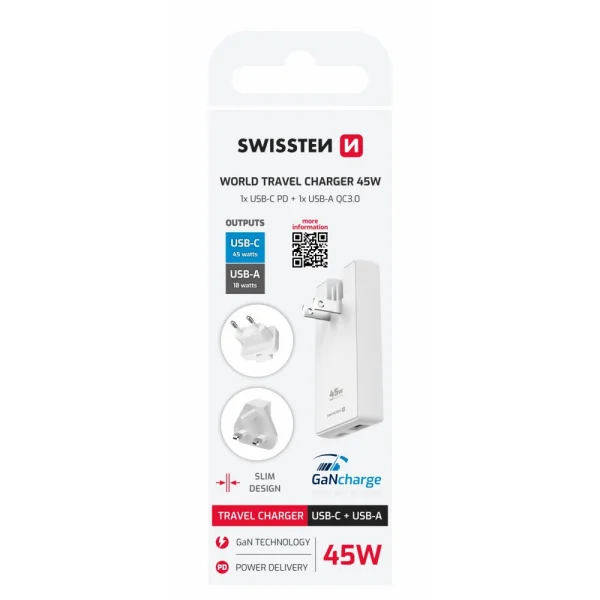 Зарядно Swissten  GaN USB-C,USB-A, 45W Exchangeable Plugs, US, EU, UK, бял 6