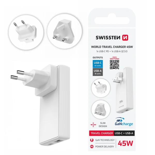 Зарядно Swissten  GaN USB-C,USB-A, 45W Exchangeable Plugs, US, EU, UK, бял 1