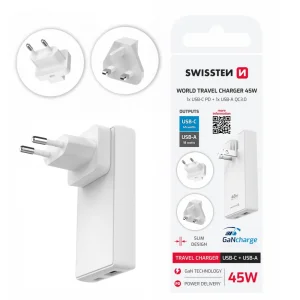 Зарядно Swissten  GaN USB-C,USB-A, 45W Exchangeable Plugs, US, EU, UK, бял