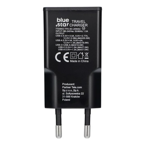 Зарядно 220V Blue Star Slim GaN 1x Type C, 1x USB-A, QC4.0, PD, 3A, 25W, TFK-SC-25WAC, Черен 2
