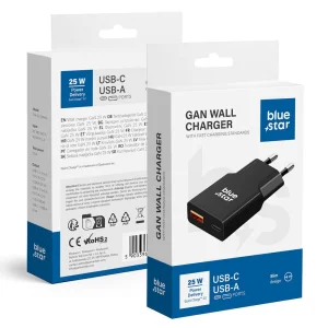 Зарядно 220V Blue Star Slim GaN 1x Type C, 1x USB-A, QC4.0, PD, 3A, 25W, TFK-SC-25WAC, Черен 4