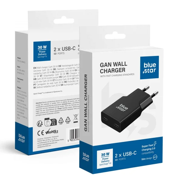 Зарядно 220V Blue Star Slim GaN, 2x USB-C, QC4.0, PD, 3A, 30W, TFK-SC-30WCC, черен 5