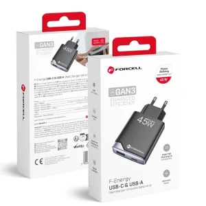 Мрежово Зарядно Forcell F-Energy Ultra Slim GaN III USB-C, USB-A, PD, QC4.0, 3A, 45W, B245202, черен 5
