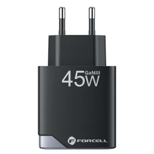 Мрежово Зарядно Forcell F-Energy Ultra Slim GaN III USB-C, USB-A, PD, QC4.0, 3A, 45W, B245202, черен