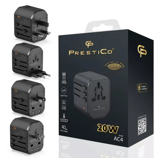 Prestico AC4 Travel Adapter PD 20W Charger, black 1