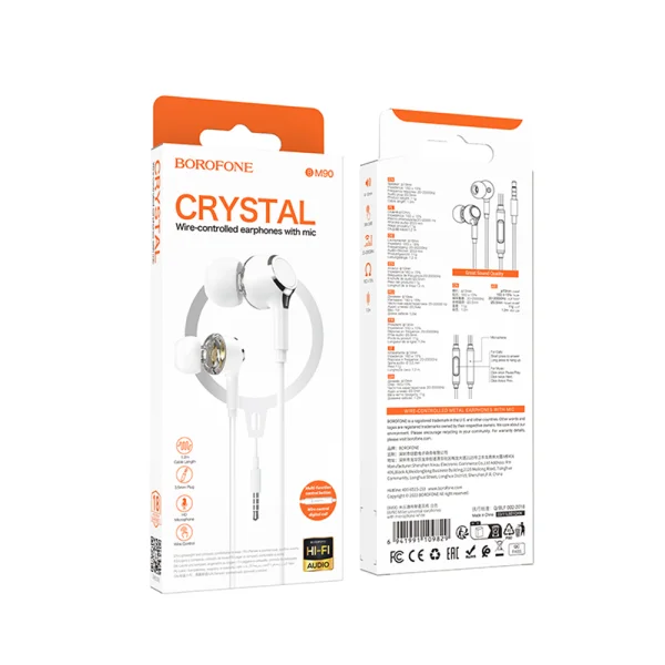 Earphones with microphone Borofone BM90 Miller, 3.5 mm jack, white 3