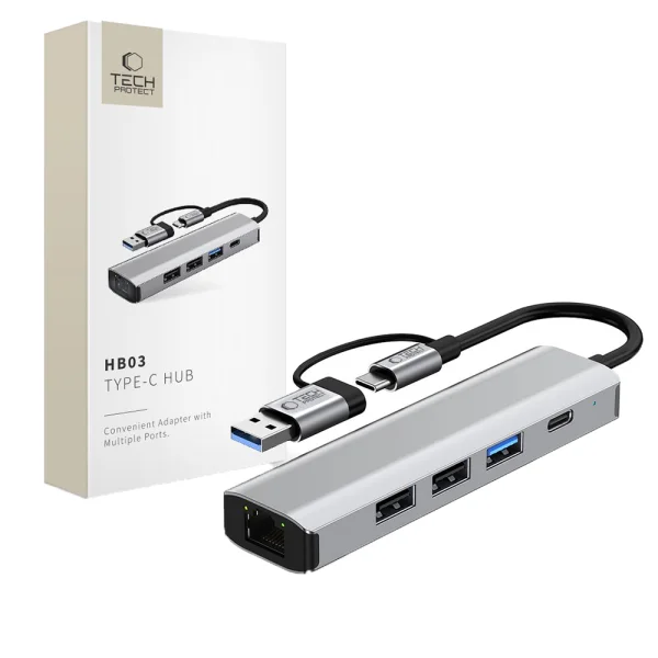5 in 1 Adapter for Laptop Tech-Protect HB03 Hub USB -Type C, gray 1