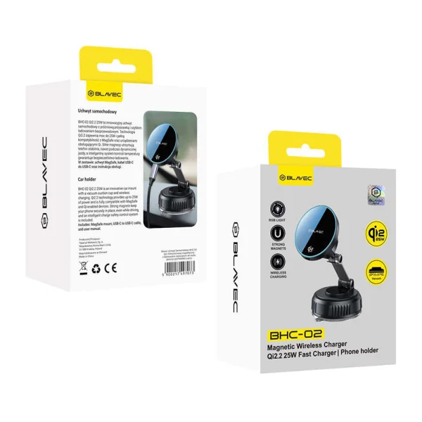 Поставка за кола Blavec BHC-02 Qi2.2 25W vacum magnetic, черна 3