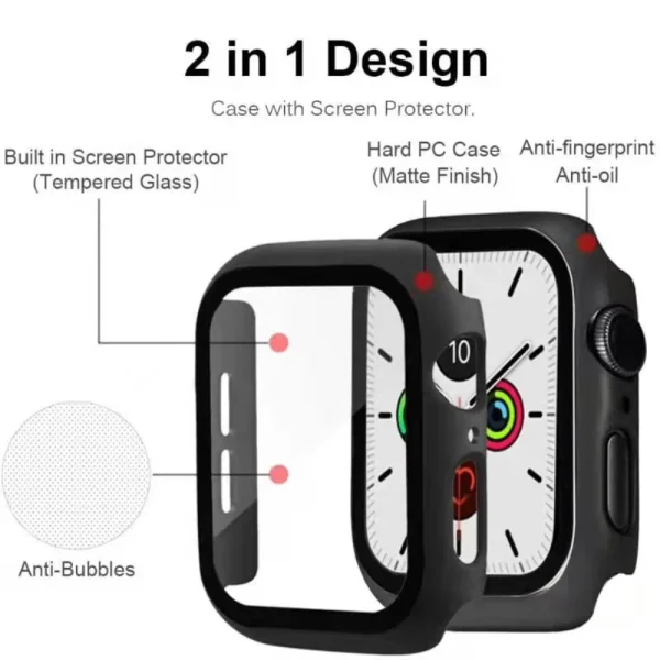 Пластмасов протектор 2 в 1 със закалено стъкло за Apple Watch Series 7 45mm, Черен 2